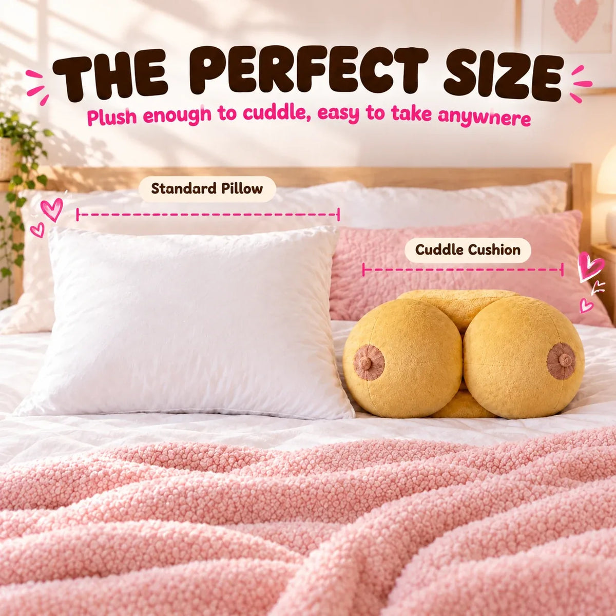 Cuddle cushion size next to a standard pillow