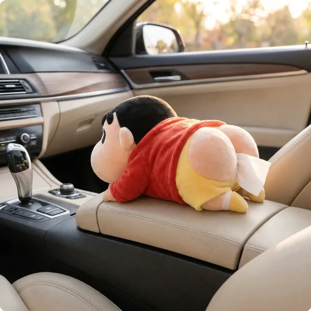 Plush tissue holder on a car armrest