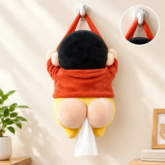 Plush tissue holder hanging on a wall hook