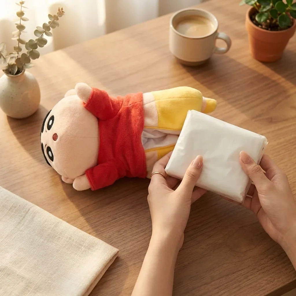 Refilling the plush tissue holder through its zipper